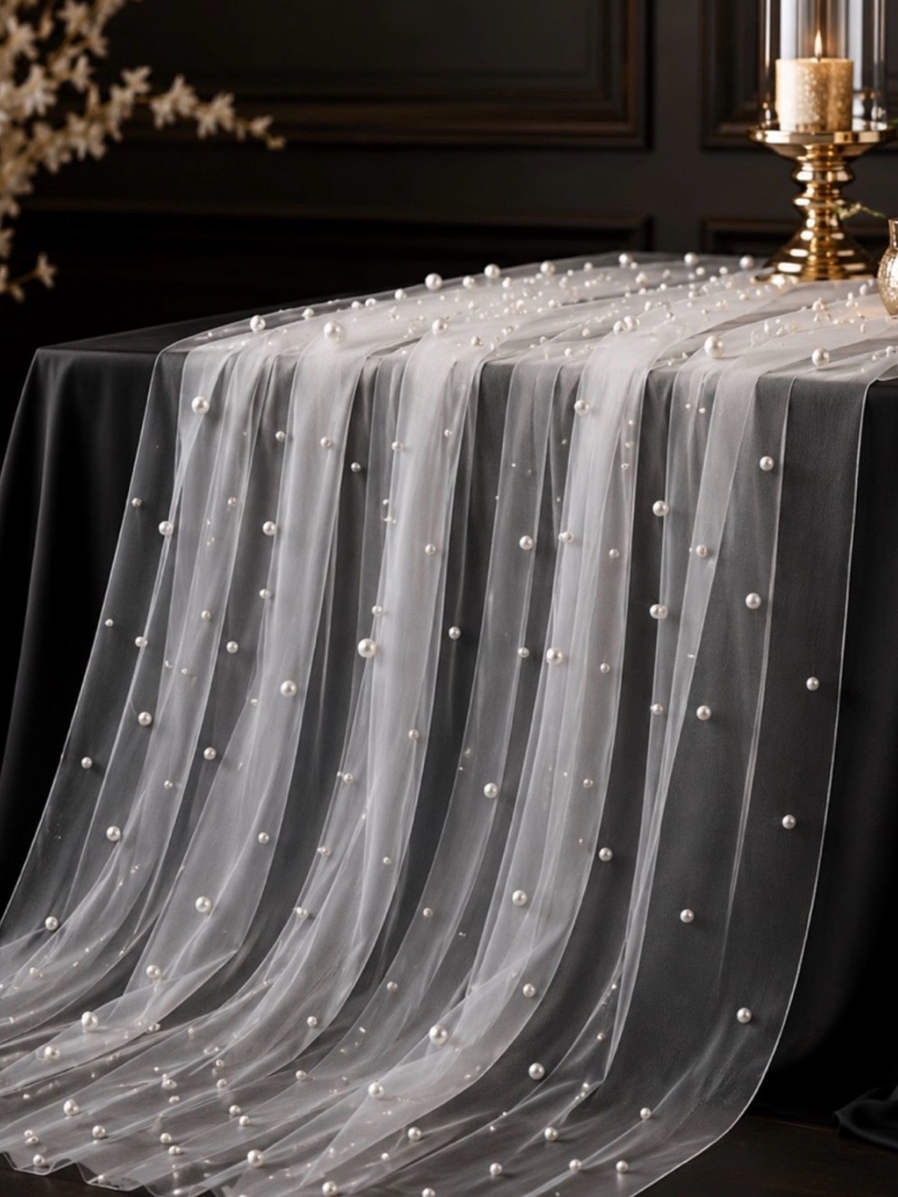 Elegant White Pearl-Embellished Tulle Table Runner